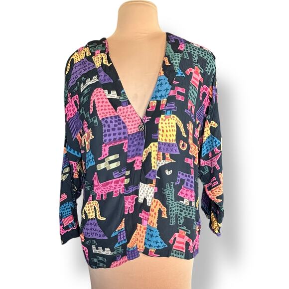 Vintage 90s Rayon Shirt Medium Colorful Yellow Tribal Abstract Animal Print - Picture 11 of 11